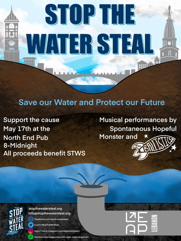 A poster telling about a fundraiser for Stop The Water Steal.